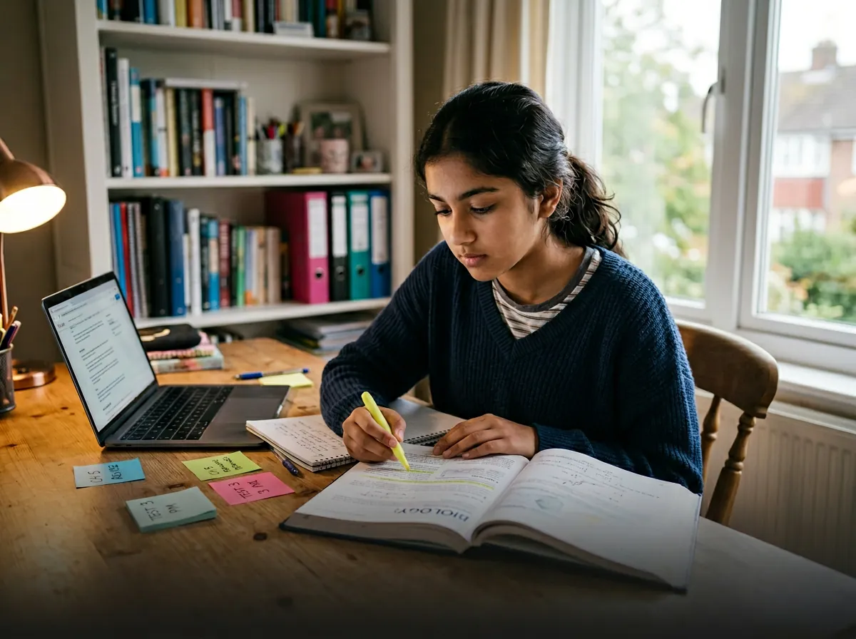 Class 10 student preparing for board exams at a study desk