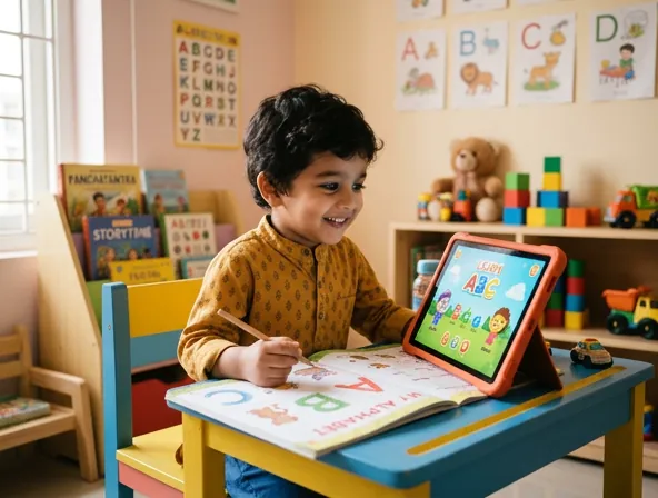 Young child learning with a tablet in a home study setup