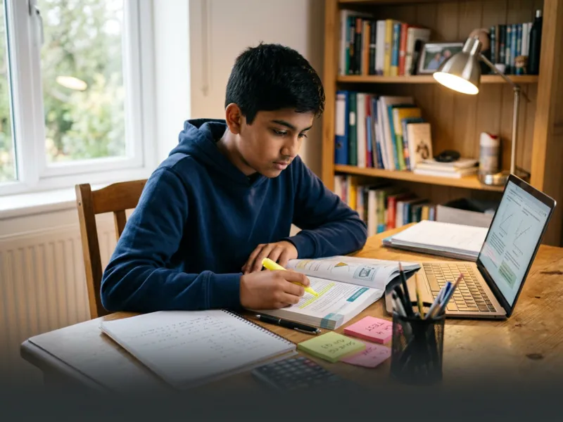 Middle school student studying with a laptop and textbooks