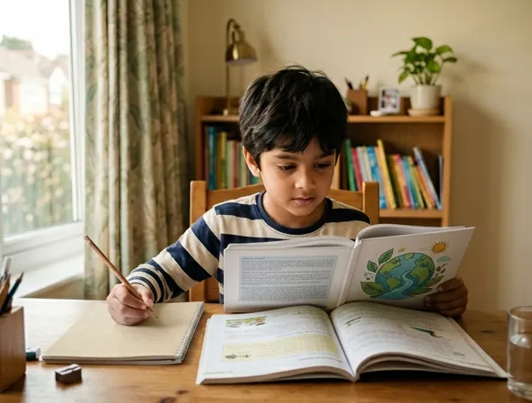Primary school student reading a textbook at a home desk