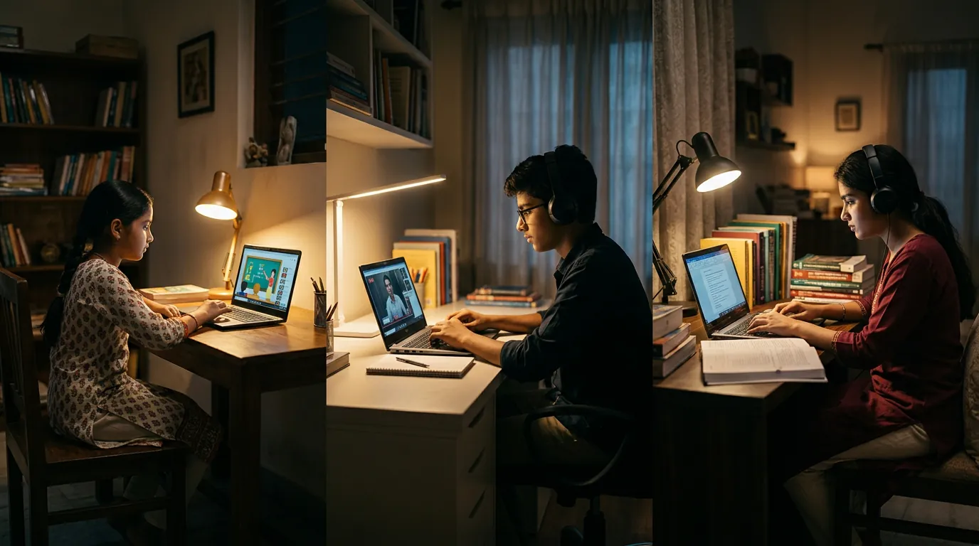 Students of different ages learning online from home